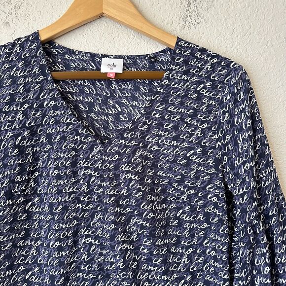 CABI #5336 Te Amo Love Script Blouse Puff Sleeve in Navy - Picture 3 of 10